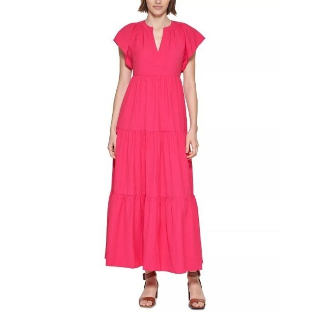 Calvin Klein Women's 2 Maxi Dress Pink Tiered Dress V-Neck Flutter Sleeve Tie‎